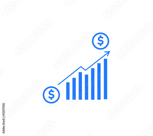 dollar rate increase icon. Money symbol with stretching arrow up. rising prices. Business cost sale icon. cash salary increase. investment growth. vector illustration
