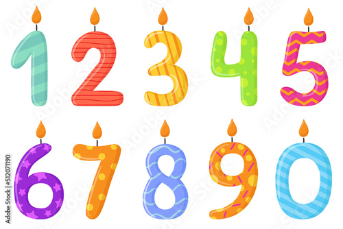 Vector design birthday candle set in the shape of all numbers. Illustration of birthday candles on a white background. Burning colourful candles with different festive patterns in flat style. 