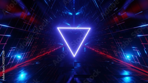 Fototapeta Naklejka Na Ścianę i Meble -  Neon triangle on abstract sci-fi tunnel background. 3d render