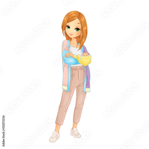 Girl in long knitted colored warm cardigan