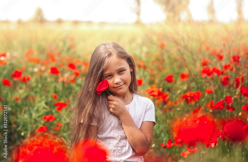 Little longhaired girl posing at field of poppies with on summer sun. Little longhaired girl posing at field of poppies with on summer sun.
