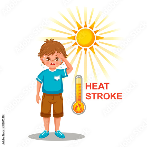 Heat stroke, sunstroke on hot summer sun. Sweating wet boy with heatstroke. Risk dehydration at high temperature on warmth sunny day. Overheating under sunlight. Prevention sunburn, dizziness. Vector