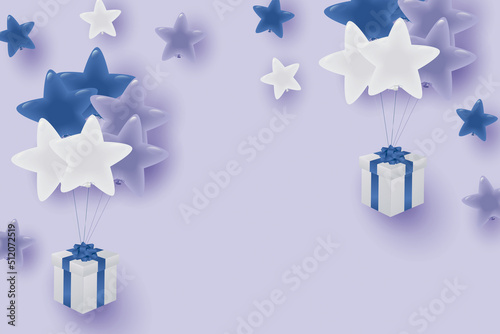 中間色の星形風船とギフトボックスのイラスト