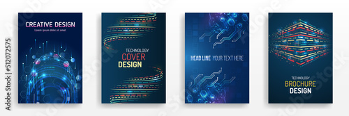 Modern cover design using tech elements and data visualization. Futuristic layout for presentation, poster, leaflet, annual report, a4 size. Abstract vector template in hi-tech style.