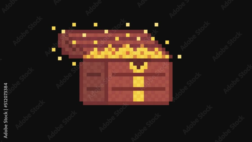 Chest of gold. Pixel art. Retro game style. Looped animation on black screen background. 4K resolution. Chest of gold. Pixel art. Retro game style. Looped animation on black screen background. 4K resolution.