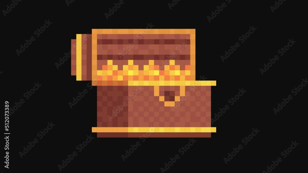 Chest of gold. Pixel art. Retro game style. Animation on black screen background. 4K resolution. Chest of gold. Pixel art. Retro game style. Animation on black screen background. 4K resolution.