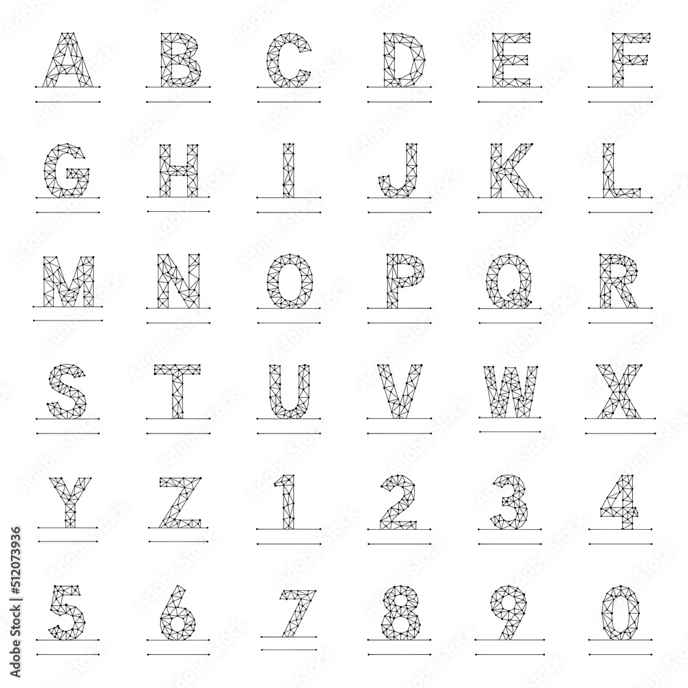 Vector set of personalized monograms in geometric style on white background. Letters and numbers made from lines and dots.