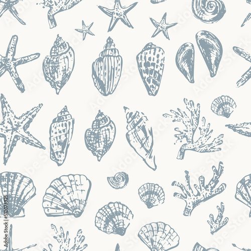 Hand drawn seashell sketch seamless pattern