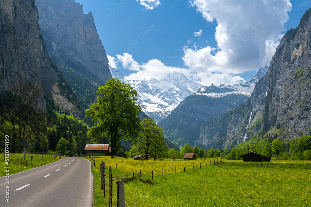 road in alpine valley in Lauterbrunnen in Switzerland