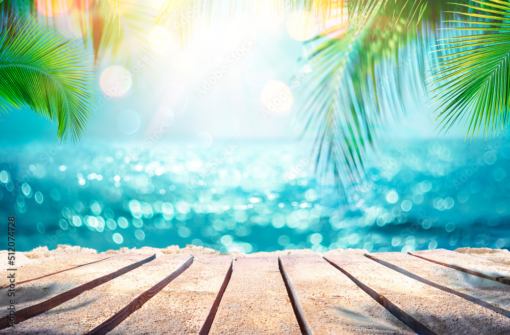 Summer Table And Sea With  Blurred Leaves Palm And Defocused Bokeh Light On Ocean - Wooden Plank In Abstract Landscape - obrazy, fototapety, plakaty 