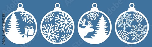 Christmas tree decorations set. Silhouette of Christmas round toys. Balls with snowflakes, deer, gift and spruce. Template for laser cutting. Isolated vector illustration.