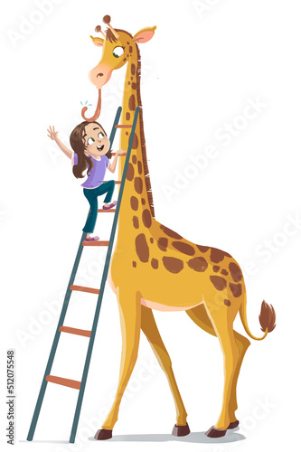 Children's illustration of little girl with giraffe