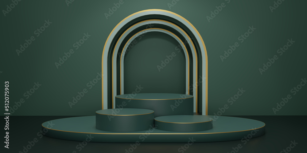 The shiny dark green round pedestal on blue studio backdrops. The blank display or clean room for showing products. Minimalist mockup for podium display or showcase. 3D render illustration. The shiny dark green round pedestal on blue studio backdrops. The blank display or clean room for showing products. Minimalist mockup for podium display or showcase. 3D render illustration.