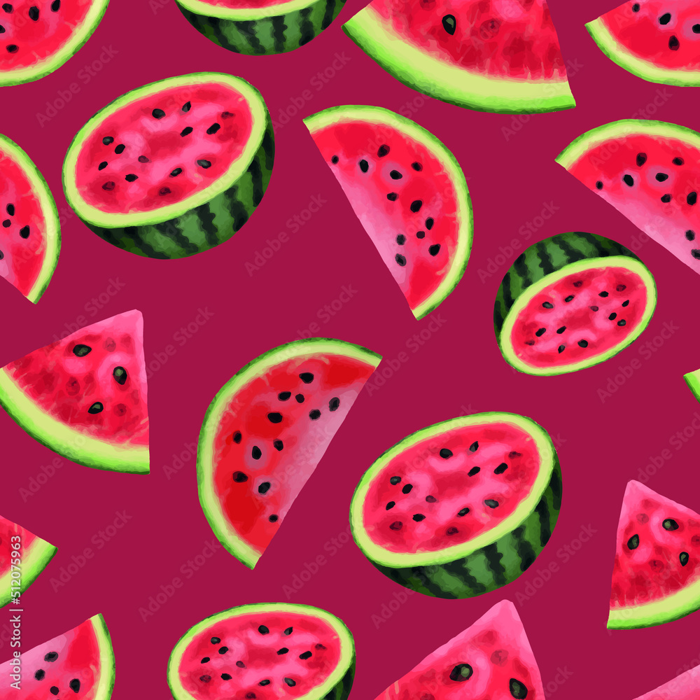 Seamless pattern with hand drawn watermelon slices on lbright red background. Colored minimalistic pattern that can be used for paper print, packaging and decoration design. Seamless pattern with hand drawn watermelon slices on lbright red background. Colored minimalistic pattern that can be used for paper print, packaging and decoration design.