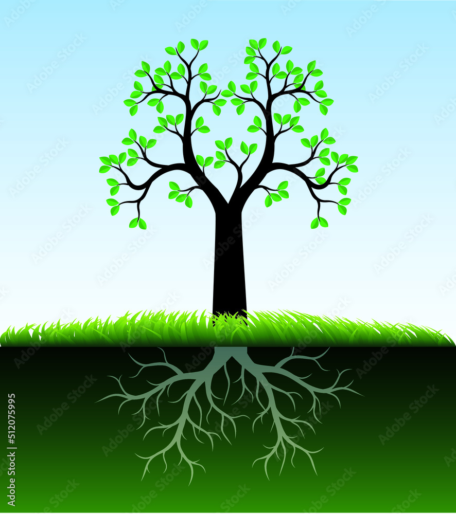 Obraz premium Green Tree on blue Sky. Vector Illustration. Grass and Roots.