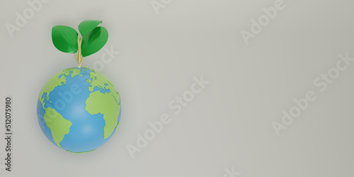 Planet earth and plant on white background. Earth day symbol. Globe with sapling, Eco Save the world, Clean environment, Sustainability or environmental protection concept. 3d rendering illustration.