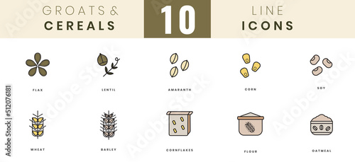 Grains and cereals icons. In colored outline style. For wesite design, mobile app, software