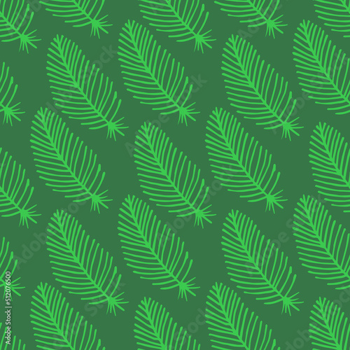 Seamless pattern with green feathers on dark green background. Vector image.