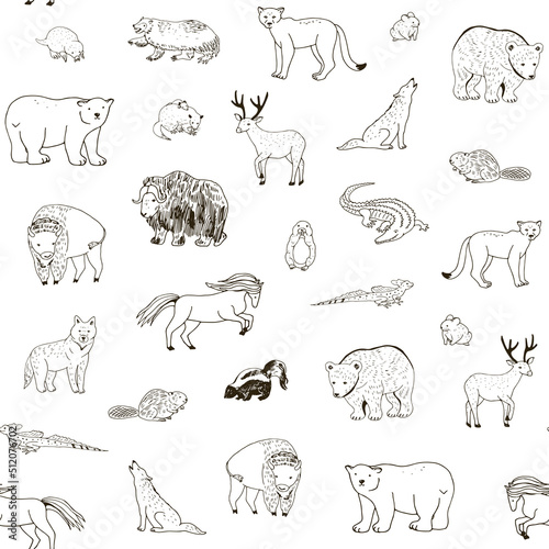 Animals of North America vector line seamless pattern