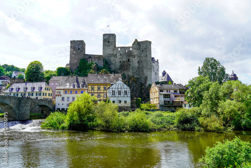 Runkel Castle in Runkel. Old castle on the Lahn with an old stone bridge. Landscape by the river with historic buildings. 