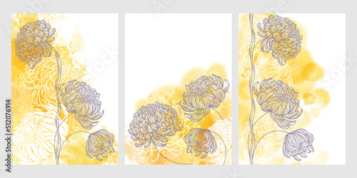 Pre-made design with with chrysanthemum flowers, yellow watercolor splash and place for text. Vector layout decorative greeting card or invitation design background, wallpaper design. T