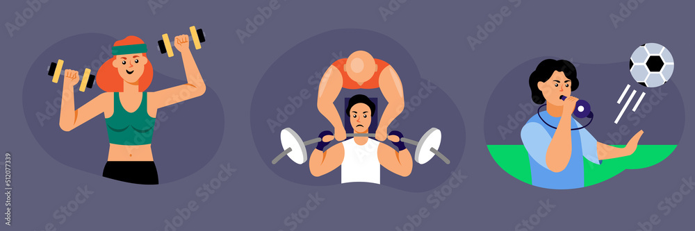 Sports illustration set. Characters are engaged in physical activity. the girl works out with dumbbells, the guy shakes his hands with a barbell, the guy coaches football players. Vector illustration Sports illustration set. Characters are engaged in physical activity. the girl works out with dumbbells, the guy shakes his hands with a barbell, the guy coaches football players. Vector illustration