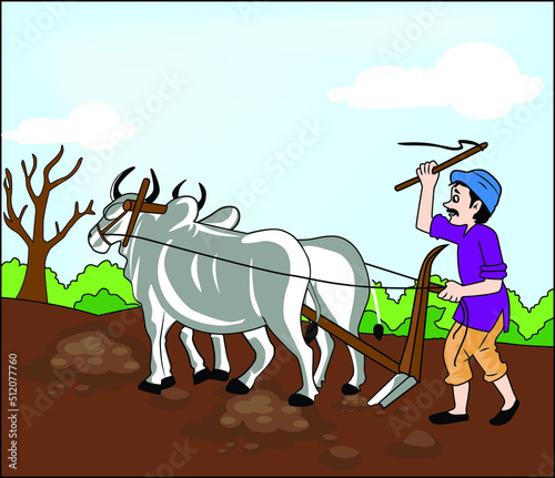 Farmer plowing field with a couple of ox. Vector illustration isolated on the colorful background