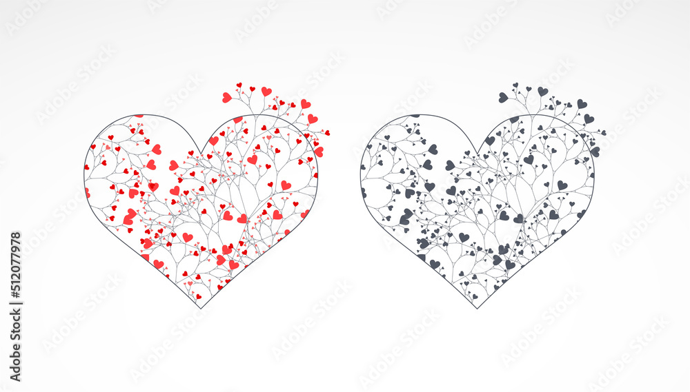 Abstract heart with flowers. Technical wireframe style.