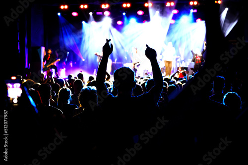 Happy crowd with raised hands at a rock concert. © 9parusnikov