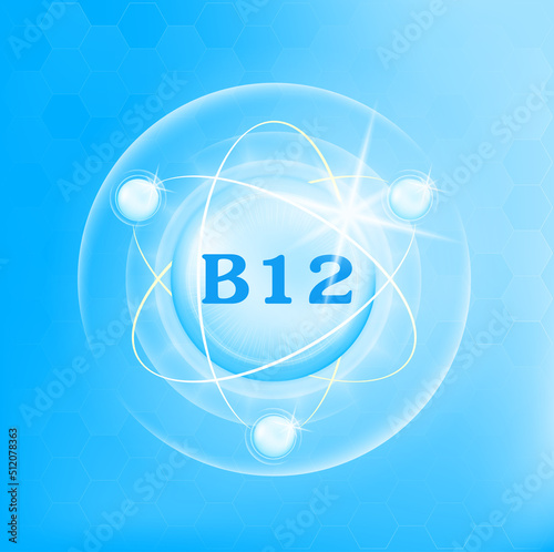 Vitamin B12 icon structure light blue substance. Drug business concept. Medicine health symbol of thiamine. 3D Vector Illustration. Vitamin complex with chemical formula. Personal care, beauty concept