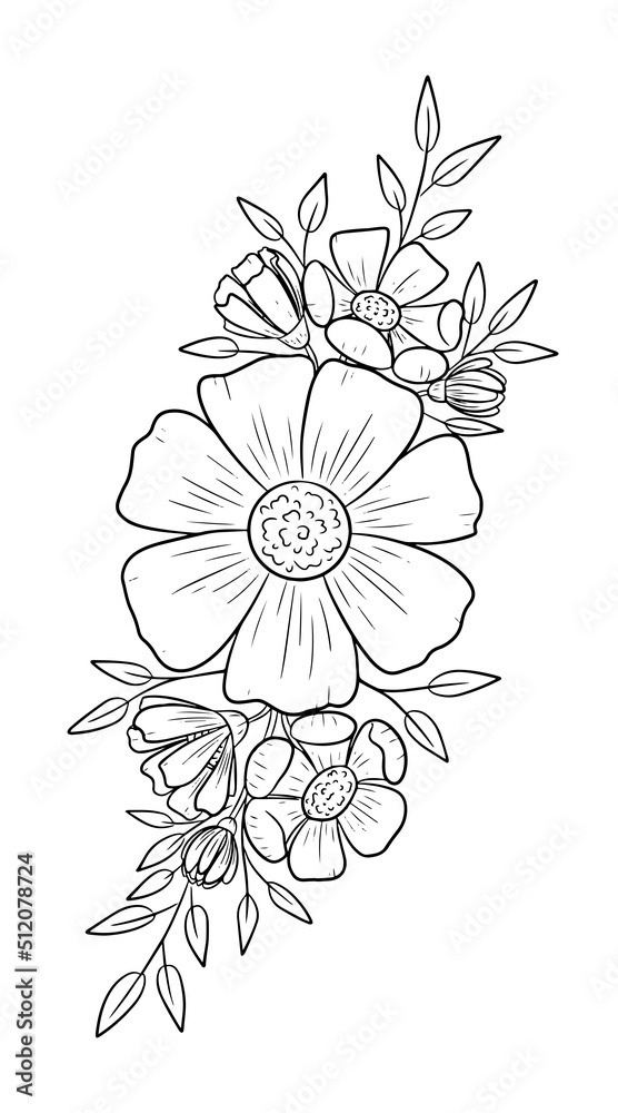 graphic illustration of a Flower line art sketch for tattoo