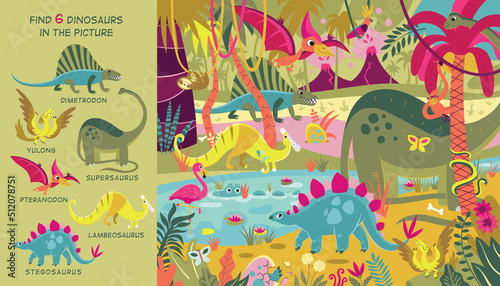 Jurassic Park. Find all the dinosaurs in the picture. Hidden Object Puzzle. Colorful Vector illustration, flat design photo