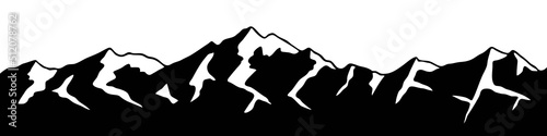 Snow covered mountain peaks, mountain range panoramic view, black and white landscape