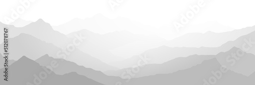 Black and white mountain landscape, ridges in the fog, panoramic view