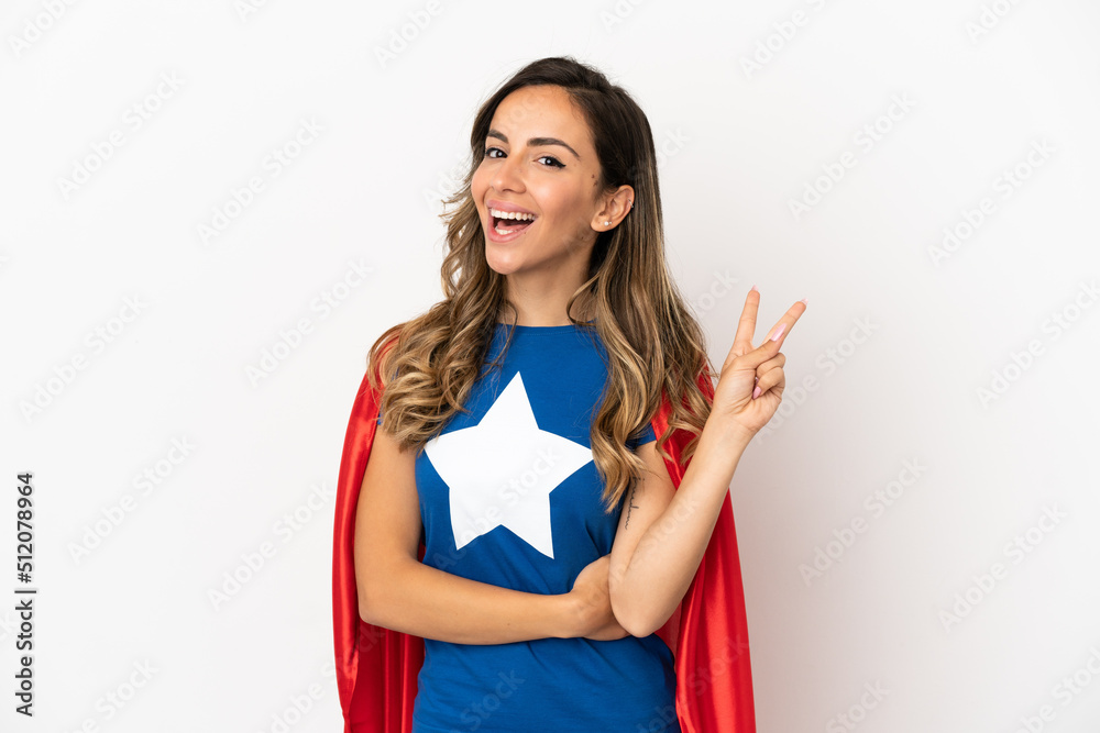 Super Hero woman over isolated white background smiling and showing victory sign Super Hero woman over isolated white background smiling and showing victory sign