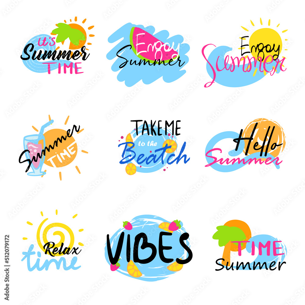 Set of colorful text stickers, backgrounds for advertising, text, business. Summer handwritten inscription.