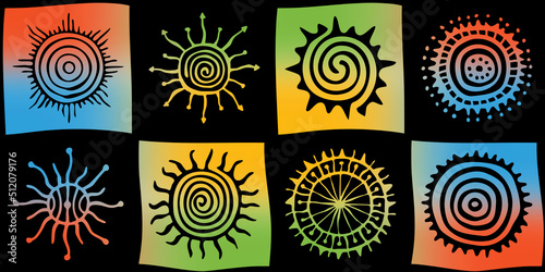 Seamless pattern, multicolor ethnic background, sun symbols, vector design
