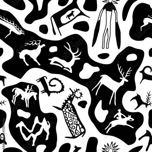 A series of petroglyphs, cave drawings, vector design, seamless pattern
