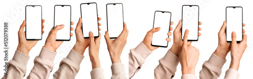A man holds in his hands a blank black smartphone screen with a modern frameless design. Seven positions isolated on white background