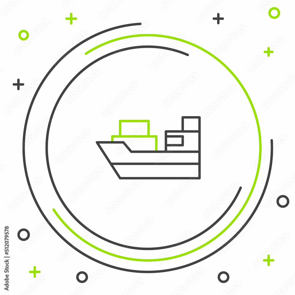 Line Cargo ship with boxes delivery service icon isolated on white background. Delivery, transportation. Freighter with parcels, boxes, goods. Colorful outline concept. Vector Line Cargo ship with boxes delivery service icon isolated on white background. Delivery, transportation. Freighter with parcels, boxes, goods. Colorful outline concept. Vector