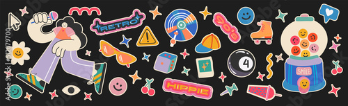 Stickers hippie retro elements of psychedelic acid. with emo characters, retro girls. Funky vinyl records, rollers, slot machine with prizes, vintage set of hippie groovy style vector elements.
