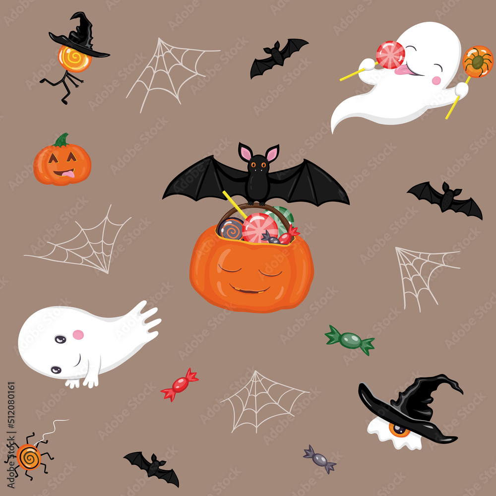 Halloween seamless pattern with ghosts, bats, pumpkins and sweets on brown background Halloween seamless pattern with ghosts, bats, pumpkins and sweets on brown background
