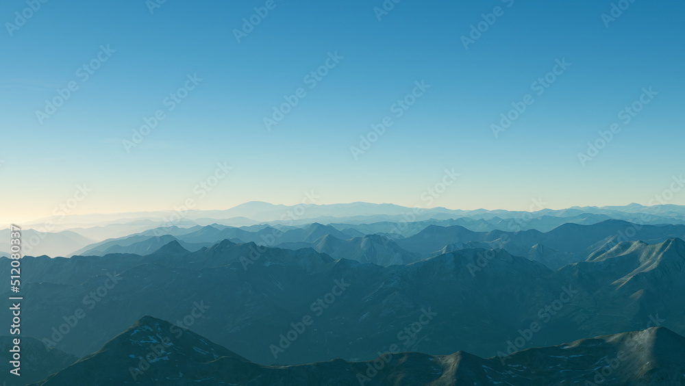 Misty blue mountains silhouette background