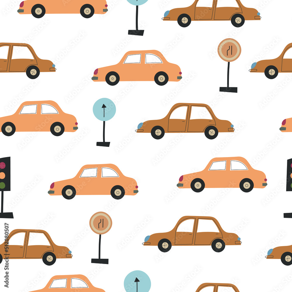 Seamless pattern with transport. Car in flat style. Children's pattern.