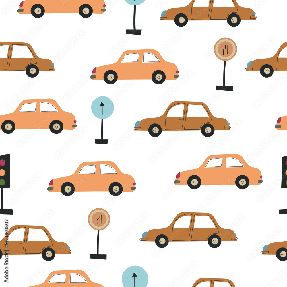 Seamless pattern with transport. Car in flat style. Children's pattern. Seamless pattern with transport. Car in flat style. Children's pattern.