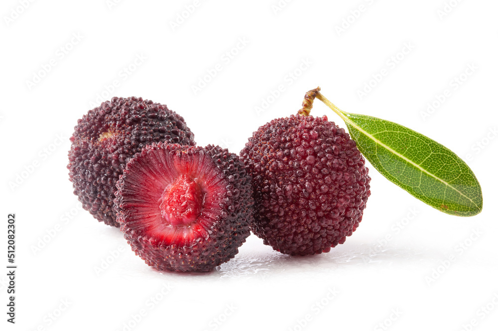 whole and half of fresh waxberry with green leaf isolated on white. whole and half of fresh waxberry with green leaf isolated on white.