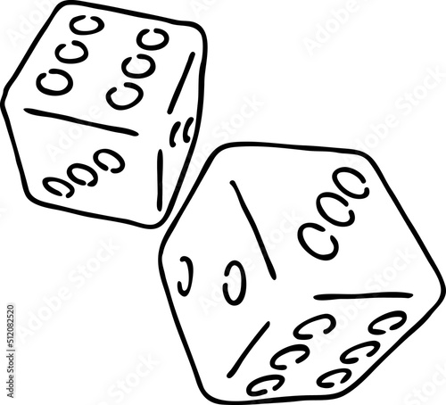 Game dice to try your luck, fortune. Risky funny activity, casino, bet, gambling, addiction, win or lose. Hand drawing retro vintage grey vector illustration. Old style comic cartoon line drawing.