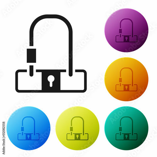 Black Bicycle lock U shaped industrial icon isolated on white background. Set icons in color circle buttons. Vector