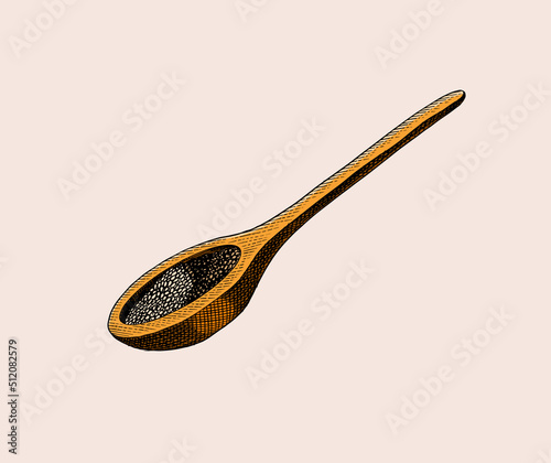 Wooden spoon of Chia seeds. Salvia hispanica. Spice or Condiment or flavoring or granule or grain. Engraved hand drawn in old sketch and vintage style.