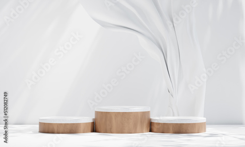 podium rounded wood for product presentation. Natural beauty pedestal, relaxation and health, 3d illustration